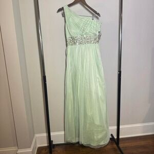 NWT Sage Green One Should Prom Dress With Gold and Silver Beaded Waist Size 10